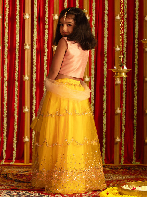 Vastramay Girls' Pink Crop Top And Yellow Net Lehenga With Ruffled Dupatta Set